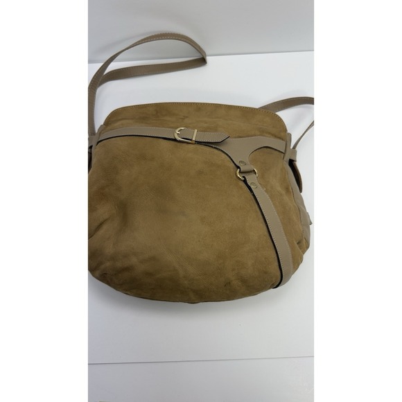 Vtg Dimensions Suede Boho Shoulder Bag Brown Leather Trim Minimalist 80s 90s USA - Picture 6 of 13